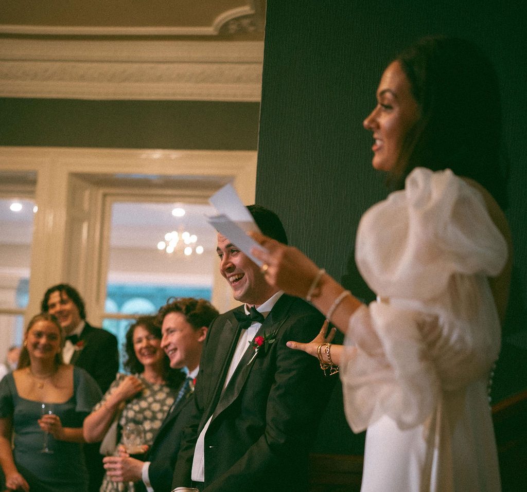 Bride's speech in the grand hallway of Magheramorne